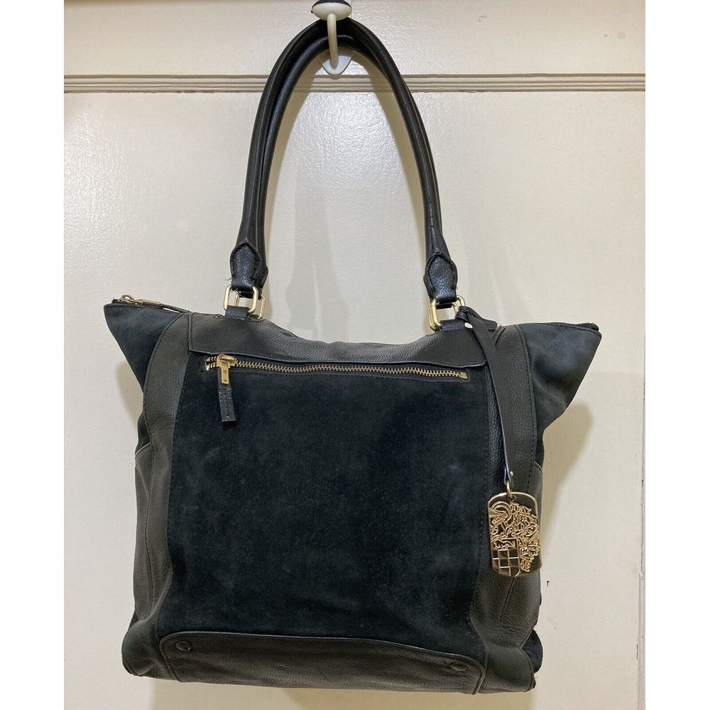 Vince Camuto Handbag Black Genuine Leather Suede‎ Trim Shoulder Bag Tote Purse